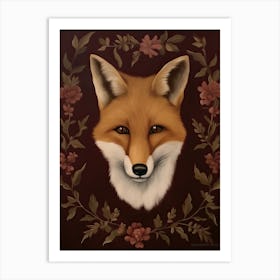 Fox Portrait With Rustic Flowers 4 Art Print