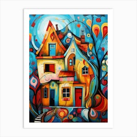 Fairytale House at Night 6, Abstract Vibrant Colorful Cubism Style Art Print