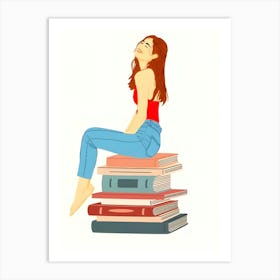 Girl Sitting On Books Art Print