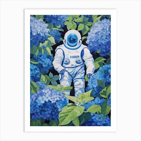 Astronaut Surrounded By Royal Blue Hydrangea Flower 1 Art Print