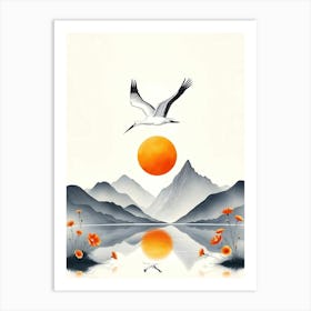 Sunrise And Crane Over Lake Affiche