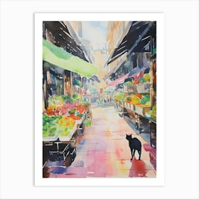 Food Market With Cats In Honolulu 1 Watercolour Art Print