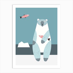 Polar bear catching fish Scandinavian style - Arctic animals Art Print