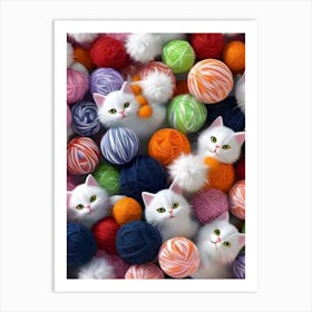 White Cats With Balls Of Yarn Art Print