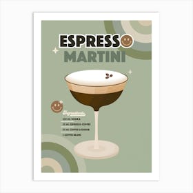 Espresso Martini Cocktail - Retro Rainbow Sage green and Cream Art Print