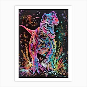 Neon Black & Rainbow T Rex Line Drawing 2 Art Print