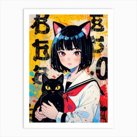 Sakura Girl With Black Cat Art Print