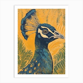 Blue Mustard Peacock With Tropical Leaves 3 Art Print