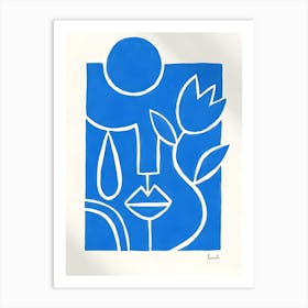 Blue and white face and rose drawing lin art Art Print