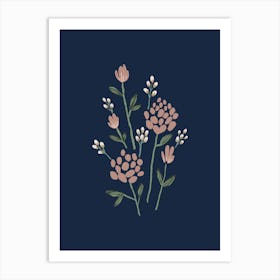 Peony Flowers Floral Illustration - Pink Green Dark Blue Navy Art Print