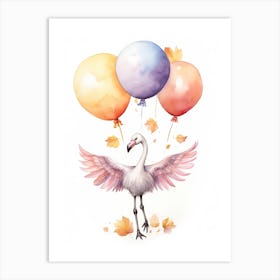 Flamingo Flying With Autumn Fall Pumpkins And Balloons Watercolour Nursery 3 Art Print