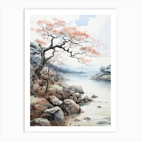 Amanohashidate In Kyoto, Japanese Brush Painting, Ukiyo E, Minimal 4 Art Print