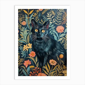 William Morris 19th century style vintage Black Cat In Flowers Painting Art Print