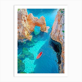 Red Boat In Blue Water Art Print