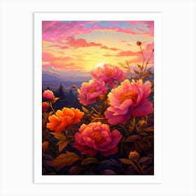 Peony With Sunset In Watercolors (4) Art Print