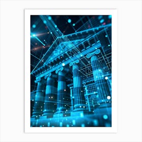 Futuristic, Abstract Image Of A Bank Building Constructed From Blue Lines And Grids Art Print