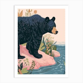 American Black Bear Standing On A Riverbank Storybook Illustration 4 Art Print