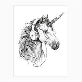 A Unicorn Listening To Music With Headphones Black & White 2 Art Print