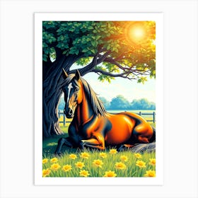 Horse Under Summer Tree Art Print