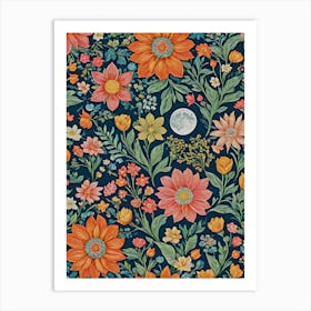 Painted Summer Flowers Pattern on a Full Moon - Navy Background, Stars, Moon Art Like Amy Butler and William Morris Fabric Print For Lunar Pagan Gallery Feature Wall Floral Botanical Luna Lover HD Art Print