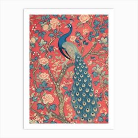 Red Peacock Floral Wallpaper Inspired Art Print