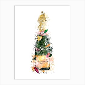 Brut Champagne Bottle With Butterfly And Pretty Flowers, Green, Gold, Yellow Art Print