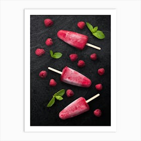 Fruit ice cream, raspberry — Food kitchen poster/blackboard, photo art Art Print