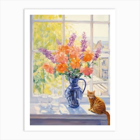 Cat With Lilac Flowers Watercolor Mothers Day Valentines 1 Art Print