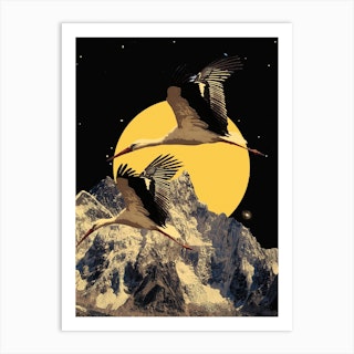 Minimal Japanese Storks Flying In Mountain Scene Art Print