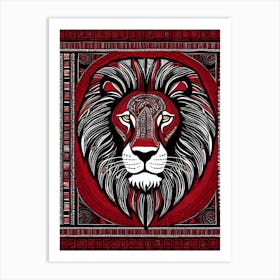 African Quilting Inspired Art of Lion Folk Art, Poetic Red, Black and white Art, 1215 Art Print