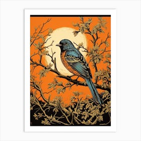 Bird On Tree Linocut Style 3 Art Print