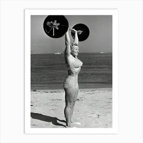 Woman Lifting Weights At Beach Art Print