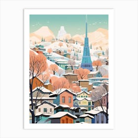 Vintage Winter Travel Illustration Seoul South Korea 4 Art Print