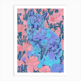 Cute Russian Blue Cat With Flowers Illustration 3 Art Print