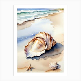 Seashell on the beach, watercolor painting Art Print