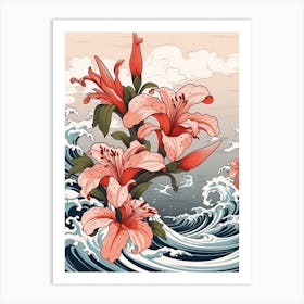 Great Wave With Lily Flower Drawing In The Style Of Ukiyo E 1 Art Print