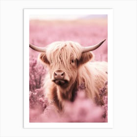 Pink Portrait Of Highland Cow Realistic Photography Style 3 Art Print