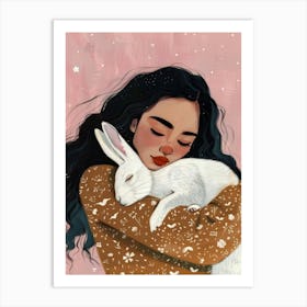 Girl Hugging Rabbit Art Print