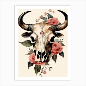 Vintage Boho Bull Skull Flowers Painting (18) Art Print
