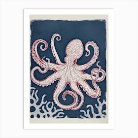 Detailed Octopus On The Ocean Floor Linocut Inspired 5 Art Print