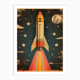Space Odyssey: Retro Poster featuring Asteroids, Rockets, and Astronauts: Retro Space Rocket 1 Art Print