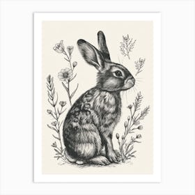 Florida White Blockprint Rabbit Illustration 1 Art Print