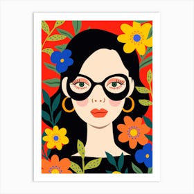 Girl With Glasses And Flowers Art Print