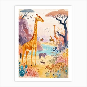 Giraffe With Other Animals By The Lake 1 Art Print