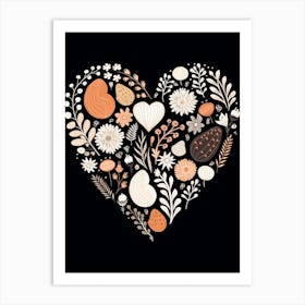 Flower Pattern Heart Black & Burnt Orange Art Print