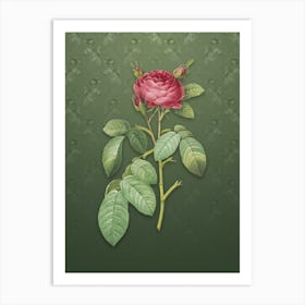 Vintage Red Gallic Rose Botanical on Lunar Green Pattern n.1407 Art Print