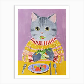 Blue Cat Eating Salad Folk Illustration 1 Art Print