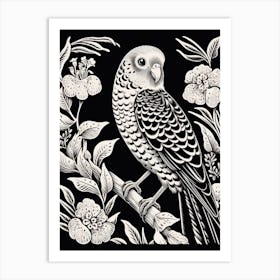 B&W Bird Linocut Budgerigar 1 Art Print