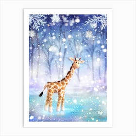 Cheerful Giraffe Frolicking In A Whimsical Winter Wonderland Snowflakes Gently Tumbling Down Twink Art Print