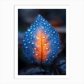 Blue Leaf With Water Droplets 1 Art Print